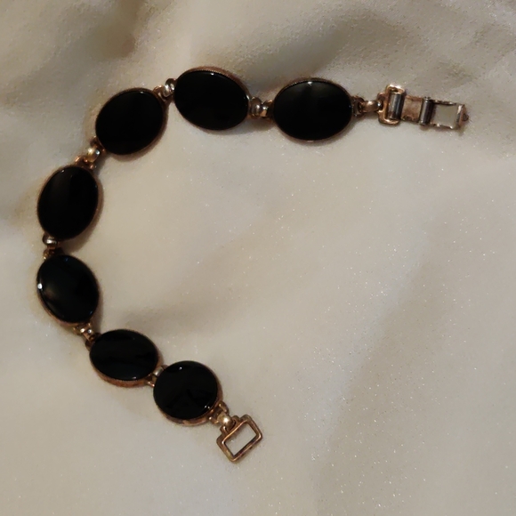 Antique oval Black Onyx Sterling+1/20 14kt Genuine gold filled bracelet 8"  50's - Picture 15 of 17